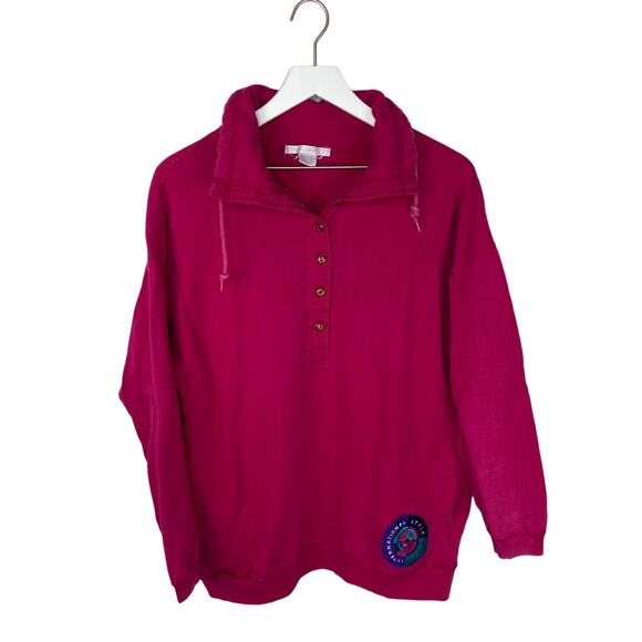Vintage Y2K Magenta Henley Sweatshirt Pullover - Women's Size M - Picture 1 of 5